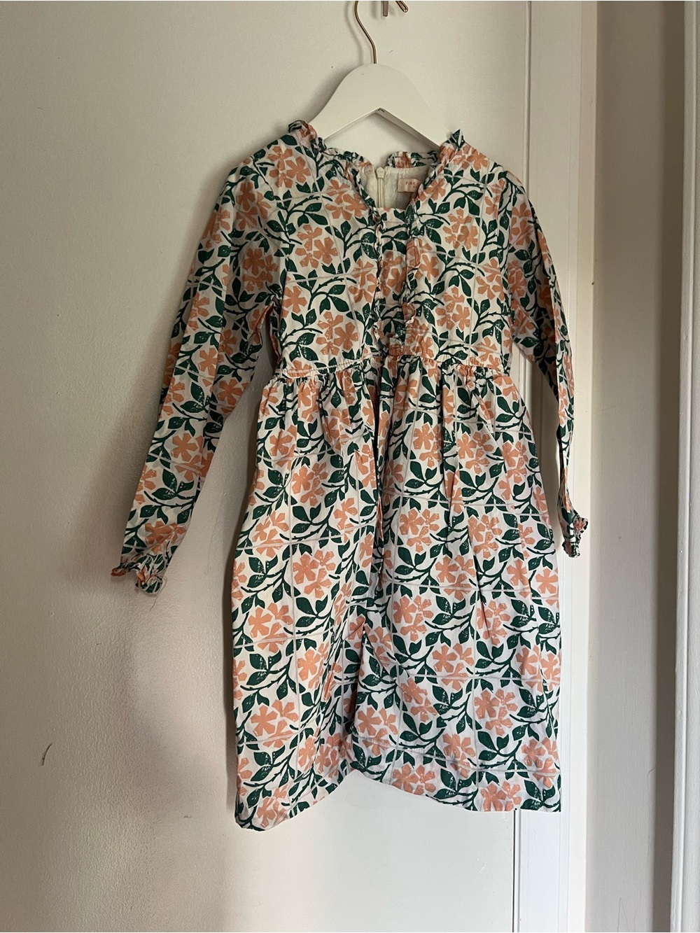 Pink Chicken Floral Long Sleeve Dress in Peach and Dark Green